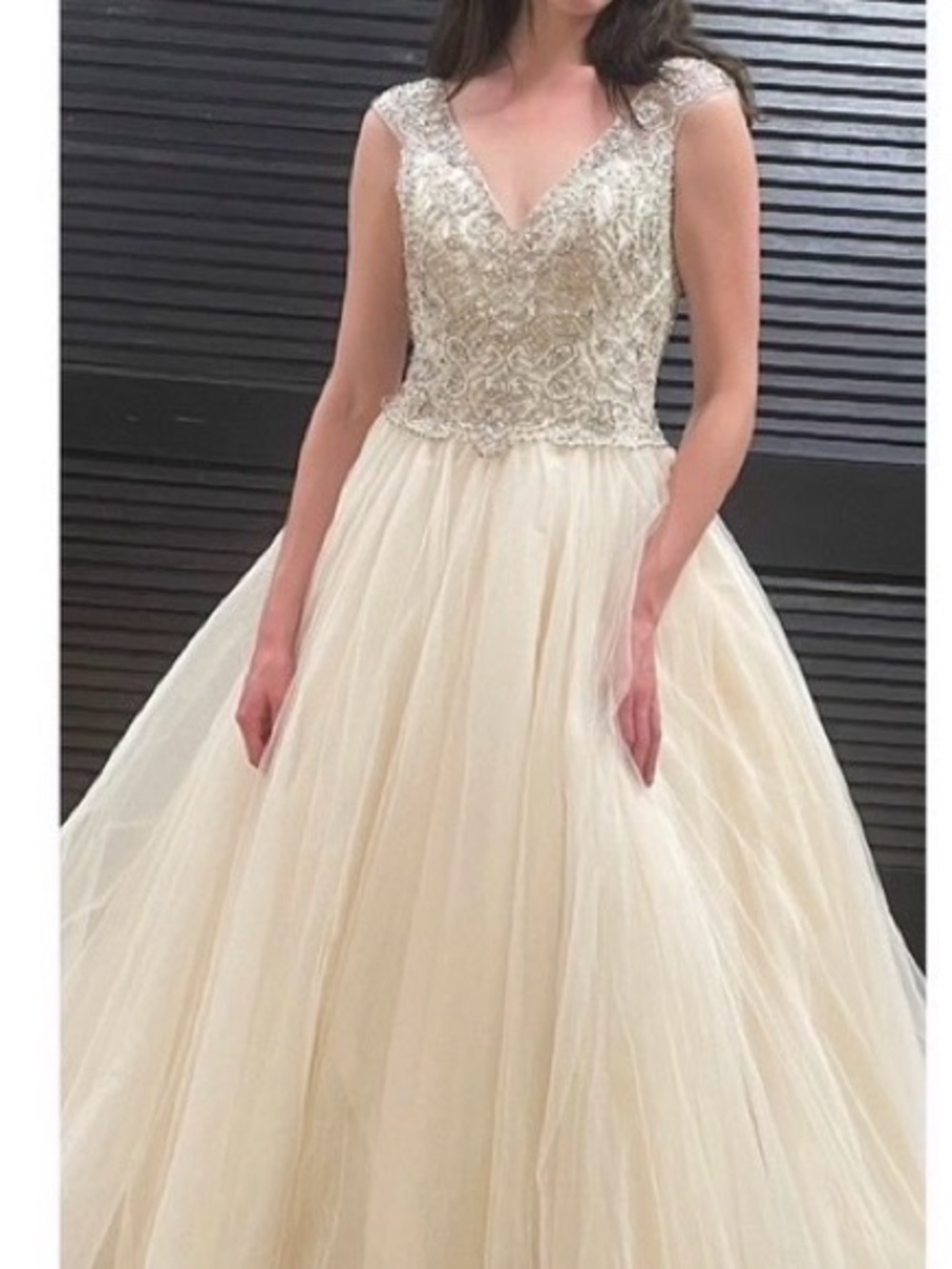 Ivory Beaded V-Neck Ball Gown Dress